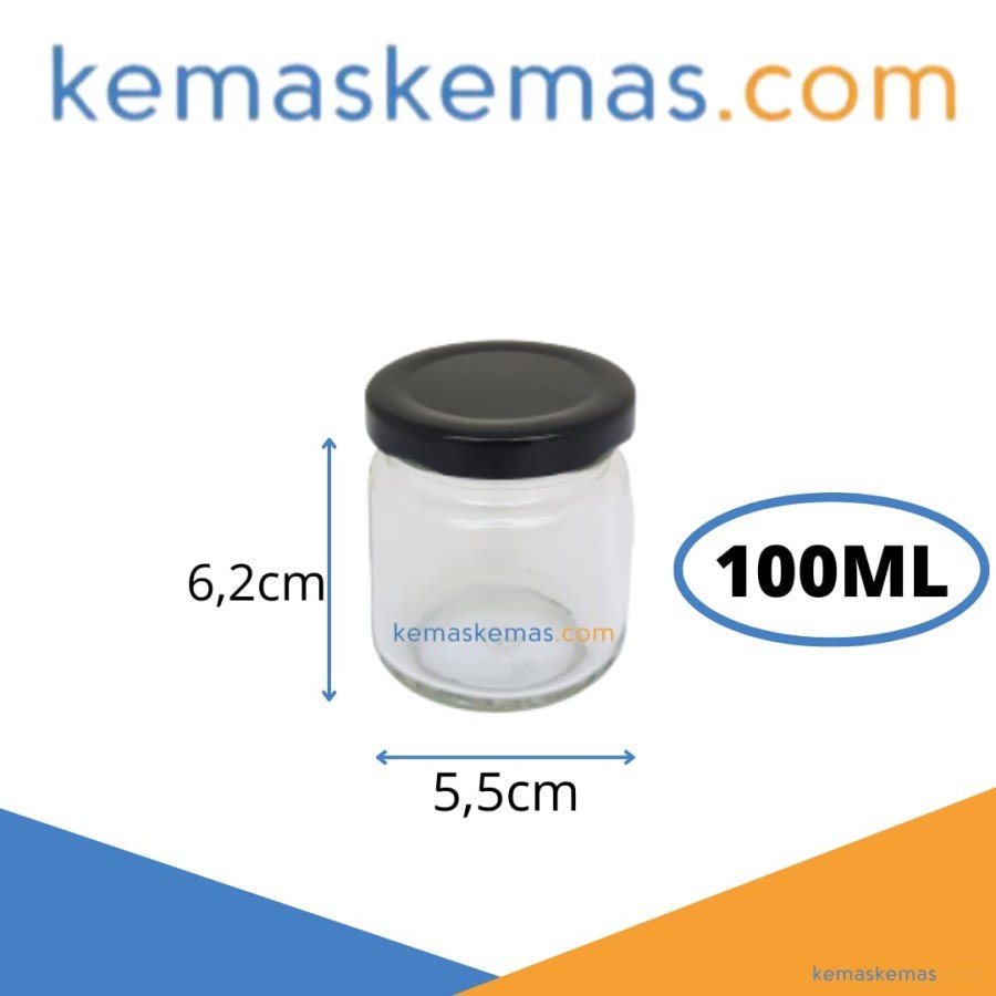 Botol Toples Kaca Round 100ml Cap Jar Bulat Tutup Hitam