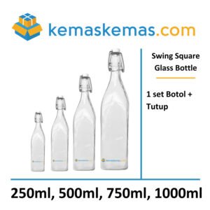 Botol kaca bulat swing dengan tutup, tersedia berbagai ukuran 250ml hingga 1000ml.