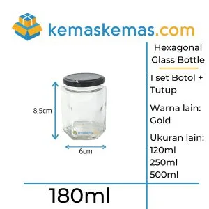 Botol kaca hexagon 180ml toples jar madu segi enam dengan tutup metal