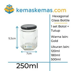Botol kaca hexagon 250ml toples jar madu segi enam dengan tutup metal