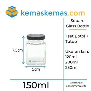 Botol Kaca Square 150ml Jar Kotak Saffron dengan Tutup