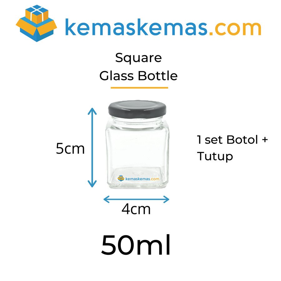Botol Kaca Square 50ml Jar Kotak Mini + Tutup Hitam