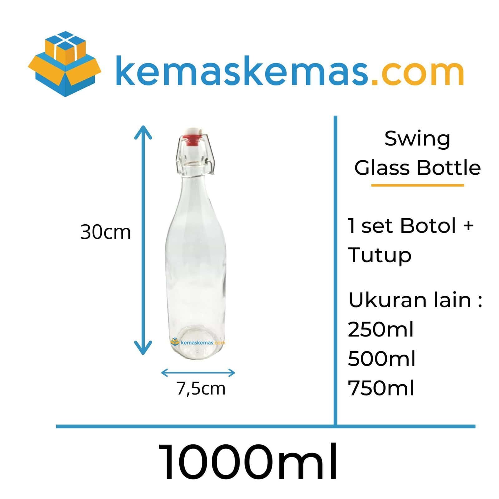 1000ml Botol Kaca Swing Bottle Premium Round + Tutup Merah Putih - 1000ml botol kaca swing round