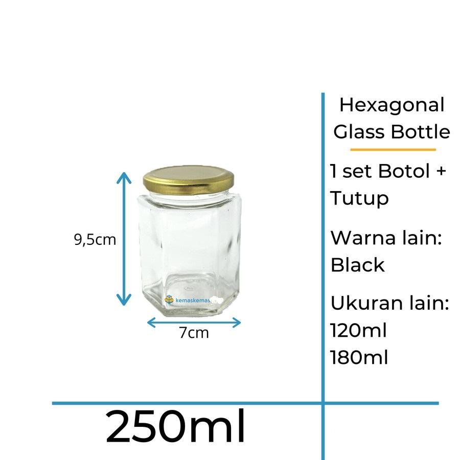 250ml jar kaca hexagon 250ml Botol Kaca Hexagon / Toples Jar Kaca Madu segi enam + Tutup - 250ml jar kaca hexagon