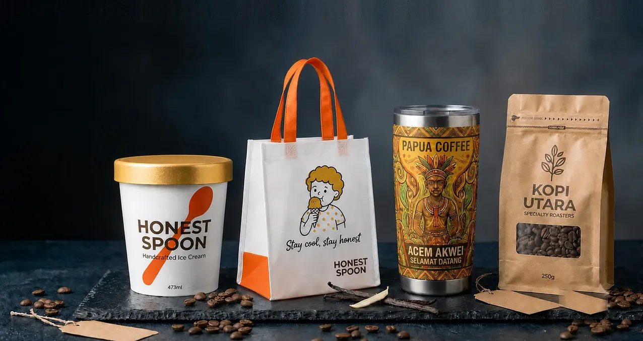 Custom packaging private label OEM ice cream tumbler kopi pouch artisan brand